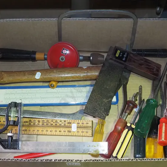 box; screwdrivers, slide rule, hammer, square etc