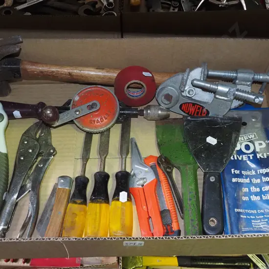 box; chisels, hand drill, pop riveter etc