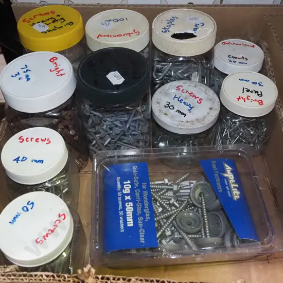 box of assorted nails and screws