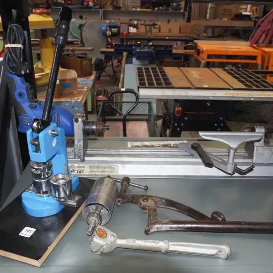 badge press, grinding wheel dresser, sanding cylinder, hold fast clamp