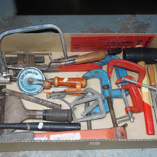 box; G clamps, rubber mallets, cold chisel etc