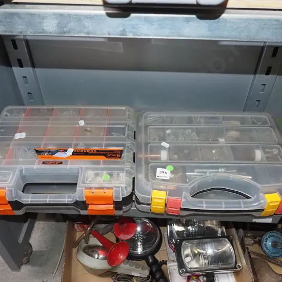 2x plastic organisers of nuts, bolts, nails etc - green dots