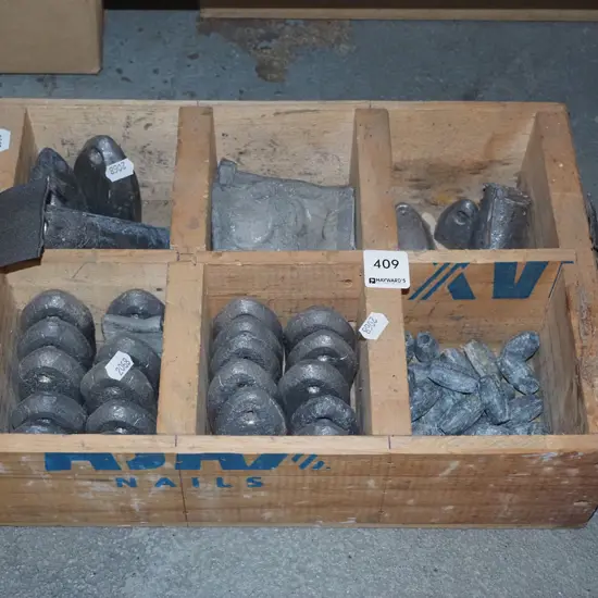 wooden crate and lead sinkers