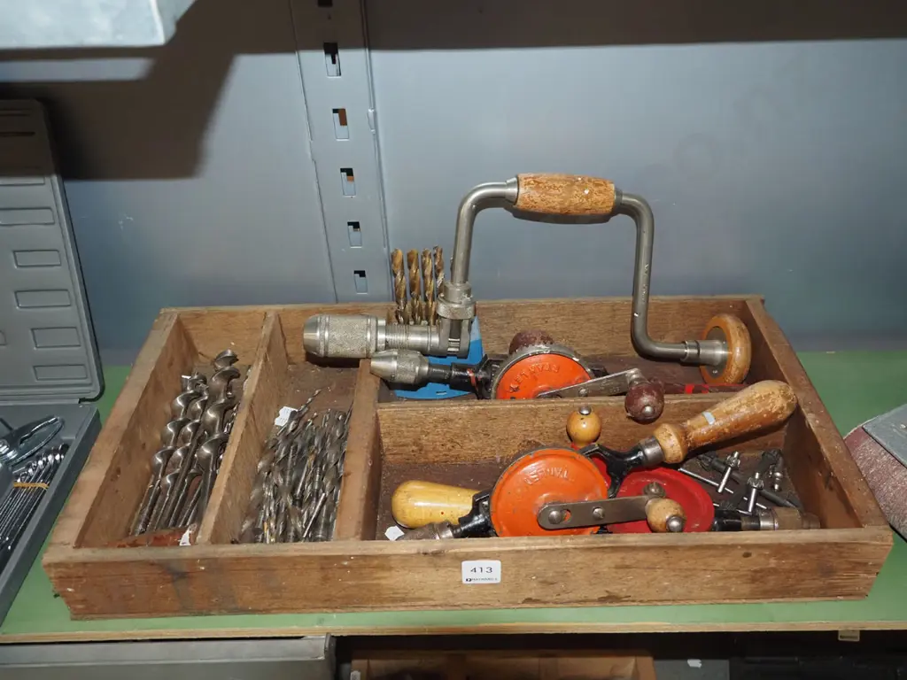 wooden box, egg beater drills, brace and bit etc Image 1++