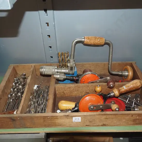 wooden box, egg beater drills, brace and bit etc