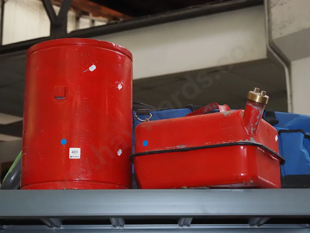 2x red metal petrol cans - blue dots Image 1++