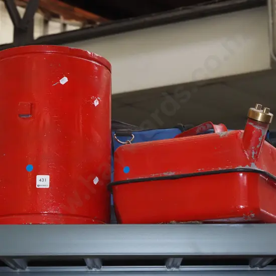 2x red metal petrol cans - blue dots