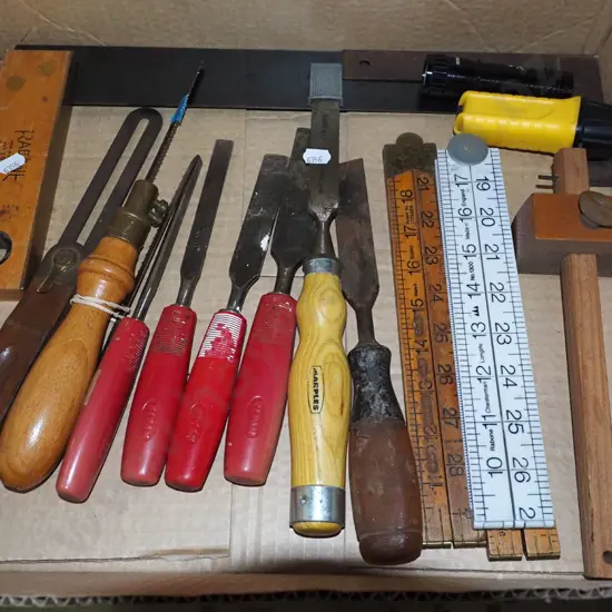 box; marker gauge, builders rule, chisels etc