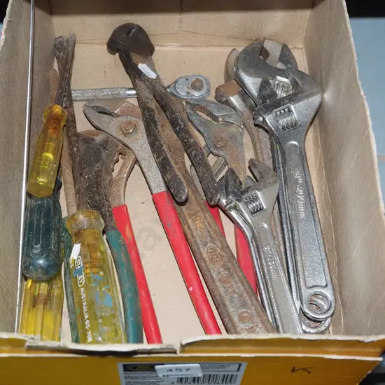 box; crescents; screwdrivers, pliers etc
