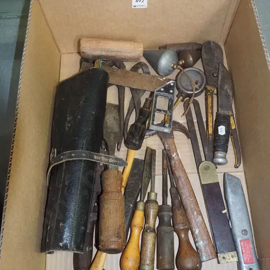 box of vintage tools - tin snips, hammers etc