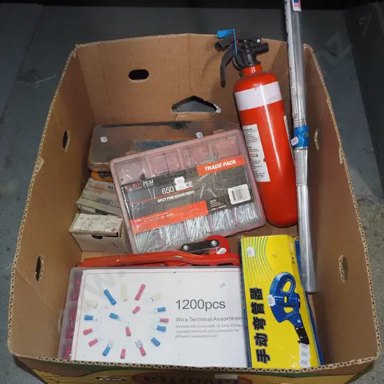 box; wire terminals, split pins, fire extinguisher etc