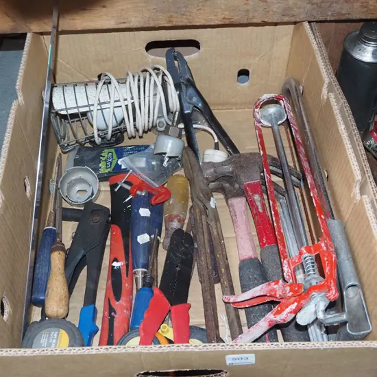 box; hack saw, hammers, tin snips etc