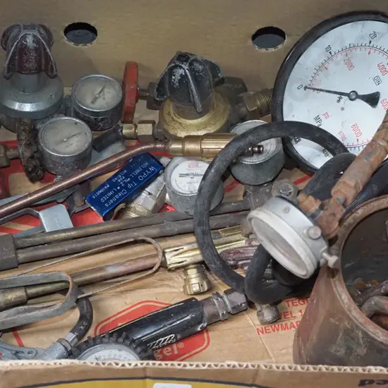 box; welders torches, brass gate valves, pressure gauge etc