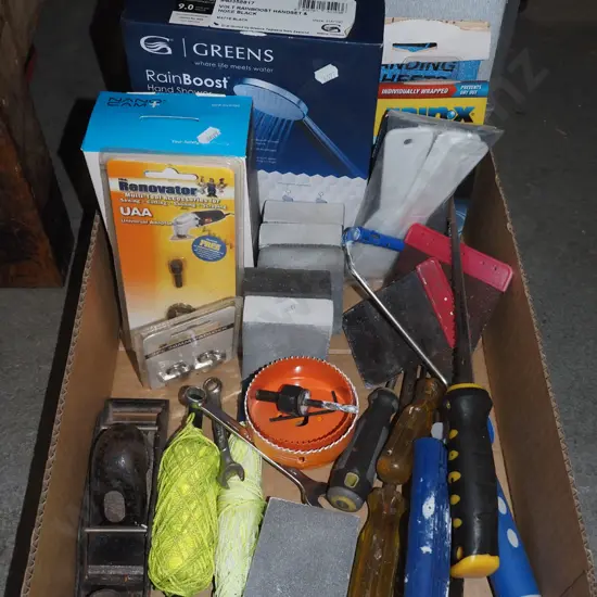 box; shower head, gas can, digital recorder, hand planes etc