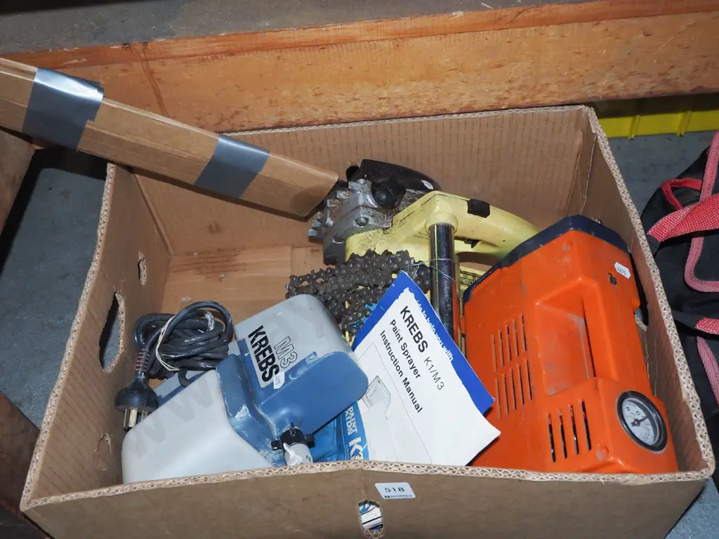 box; paint sprayer, electric chainsaw, 12V tyre inflater Image 1++