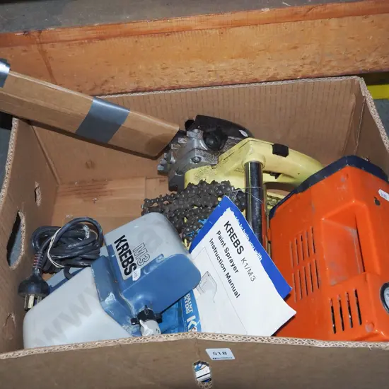 box; paint sprayer, electric chainsaw, 12V tyre inflater