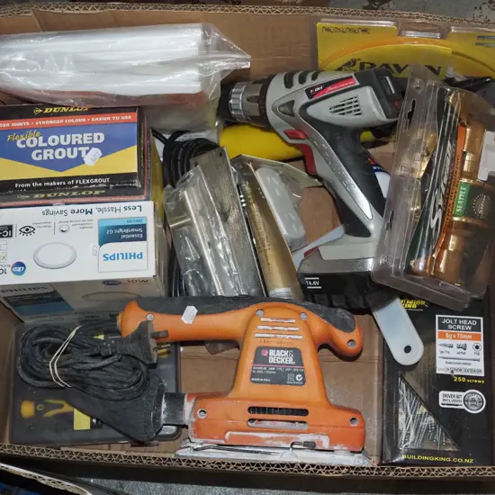 box; Black & Decker sander, door hardware, jolt head screws etc