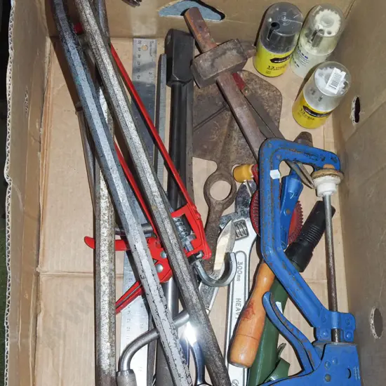 box; clamps, marker gauges, caulking gun etc
