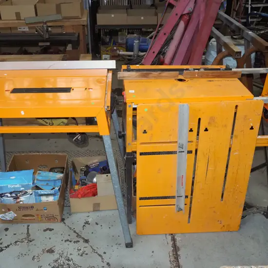 Triton work station with router table and table saw table, Triton table saw with saw - green dots