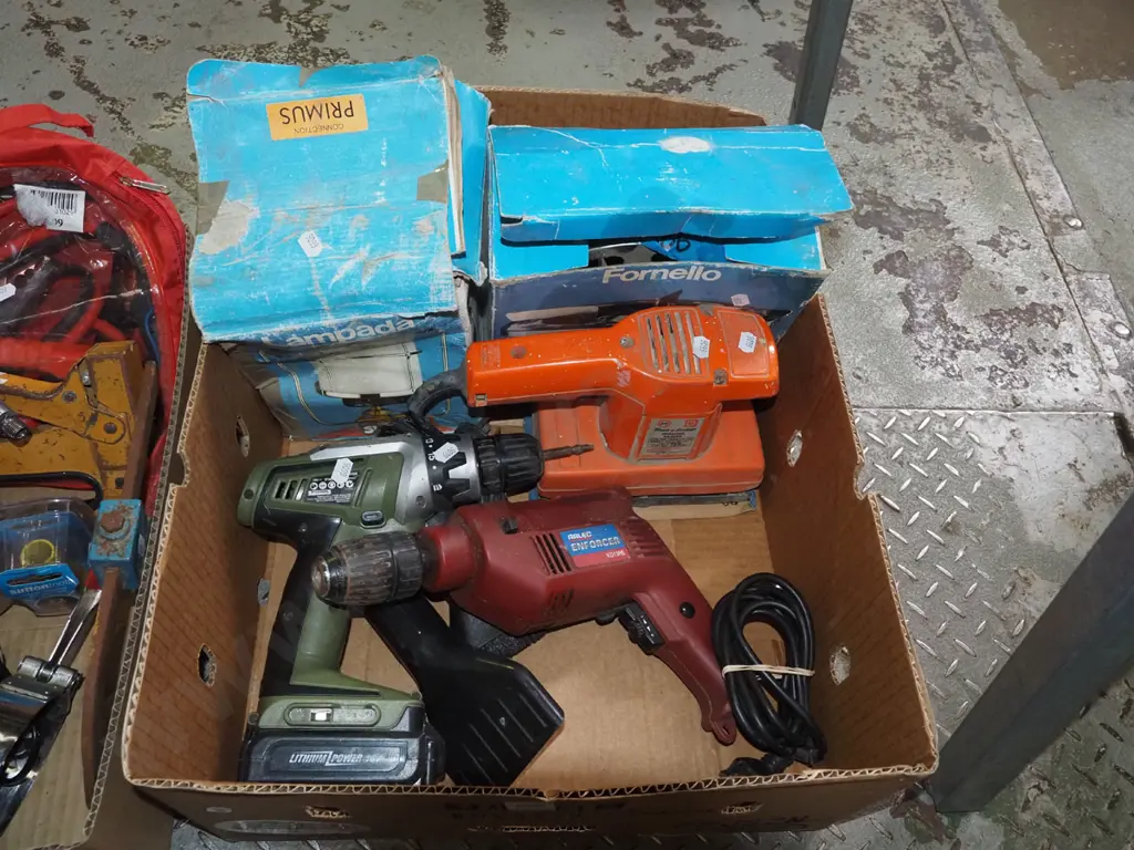box; gas powered camp stove, lantern, orbital sander etc Image 1++