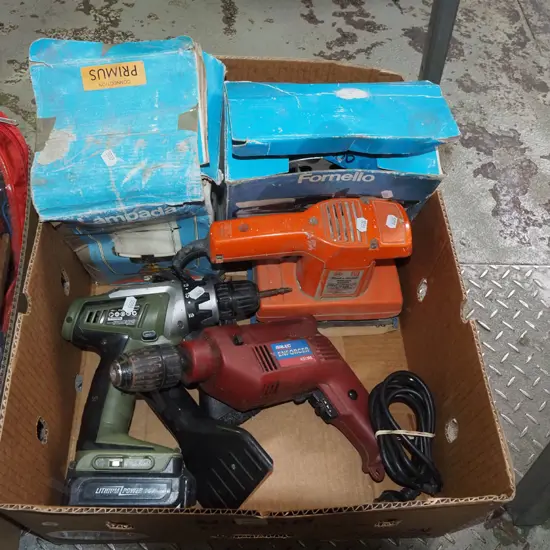 box; gas powered camp stove, lantern, orbital sander etc