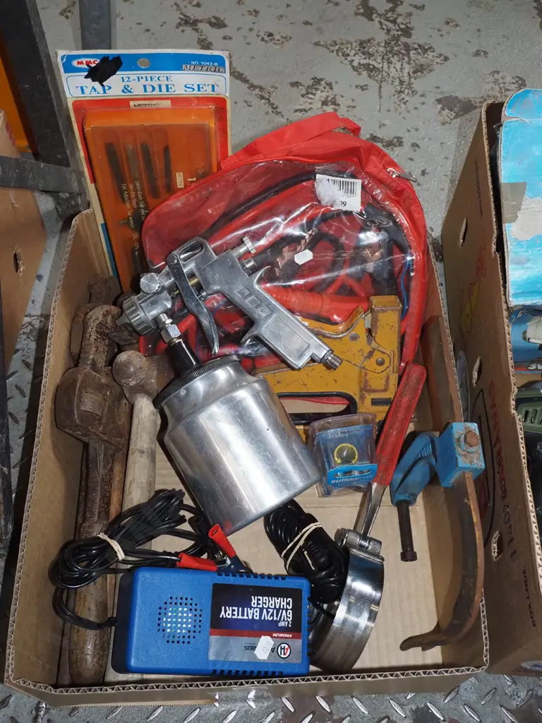 box; tap and die set, plumbers stilsons, jumper cables etc Image 1++