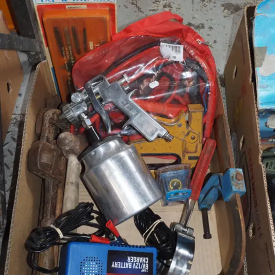 box; tap and die set, plumbers stilsons, jumper cables etc