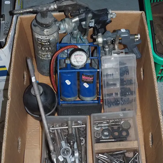 box; tap and die sets, foot pump etc