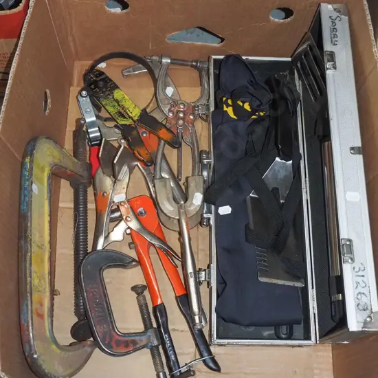 box; bbq set, vice grips, G clamp etc