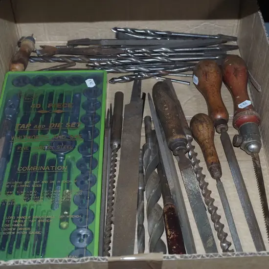 box; screwdrivers, tap and die set etc