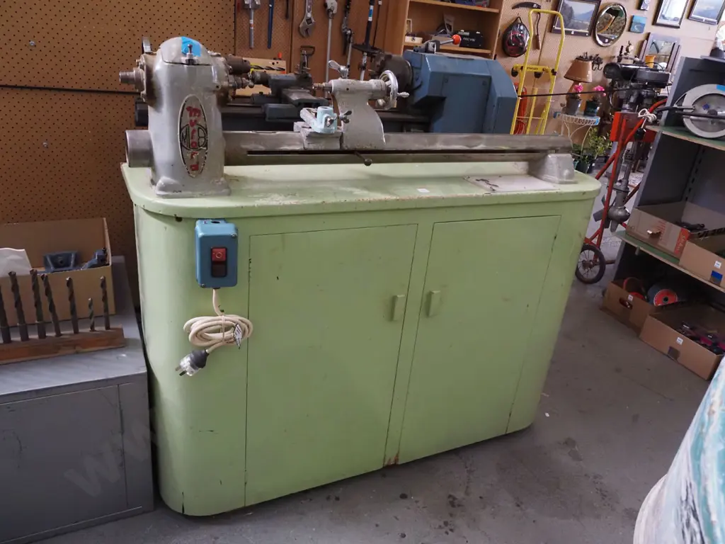 Myford woodworker's lathe on stand and accessories inside stand Image 1++