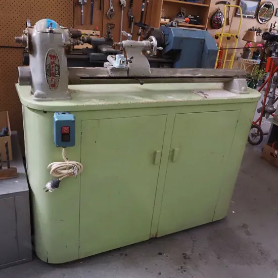 Myford woodworker's lathe on stand and accessories inside stand