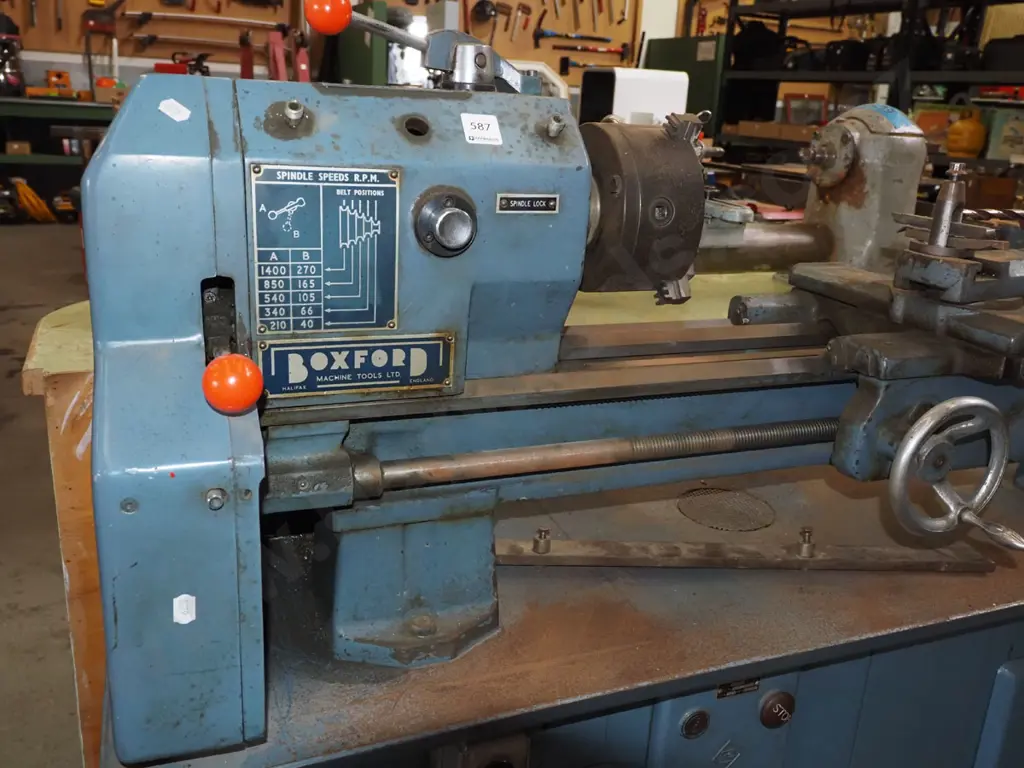 Boxford metal workers lathe with accessories and parts - on top of metal plan drawers Image 1++
