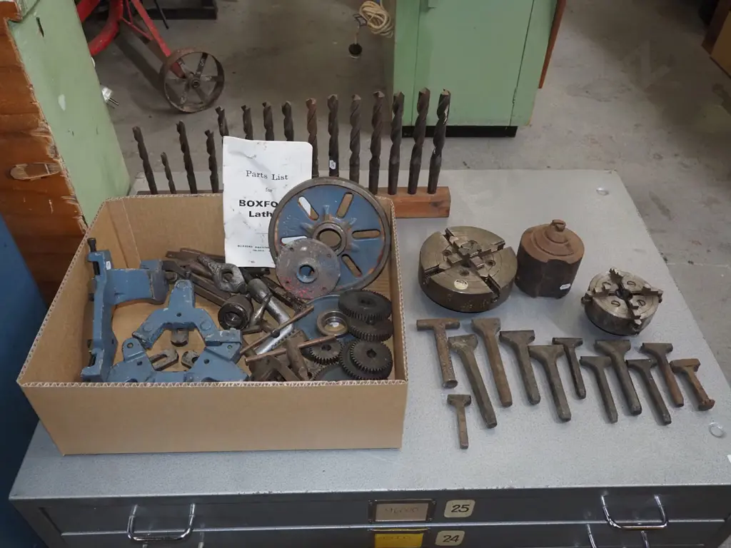 Boxford metal workers lathe with accessories and parts - on top of metal plan drawers Image 1++
