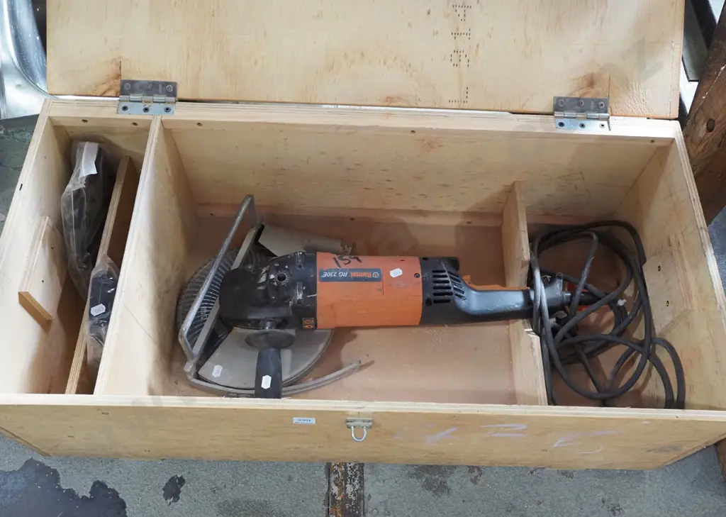 large Ramset RG 230E angle grinder in homemade wooden crate with various accessories Image 1++