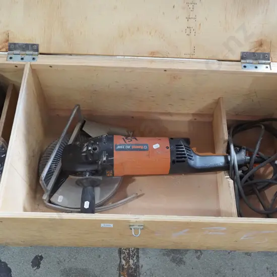 large Ramset RG 230E angle grinder in homemade wooden crate with various accessories