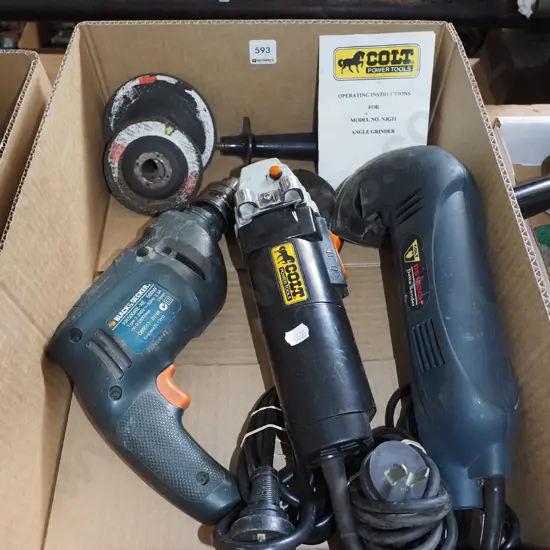 box; angle grinder, drill, delta sander