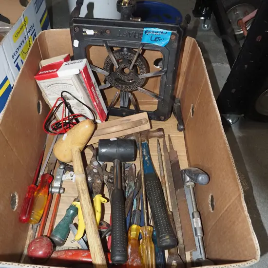 box; hammers, wire brush, gas hob - missing 1 leg etc