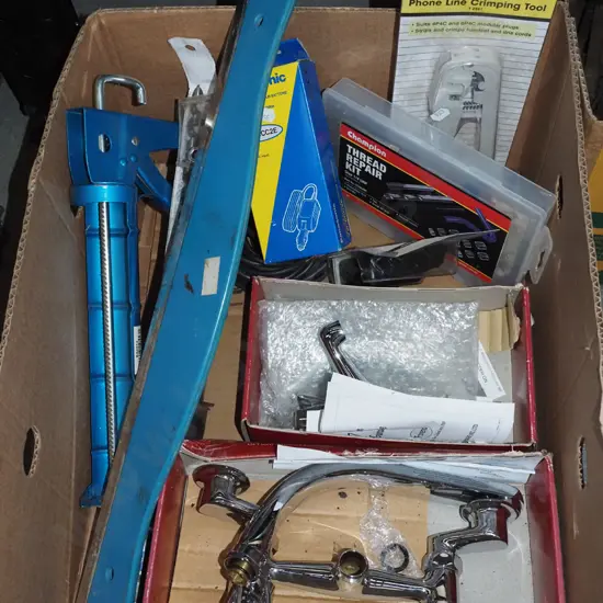 box; crimping tools, tap ware, thread repair kit etc