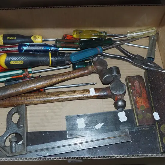 box; screwdrivers, builder's square hammers etc