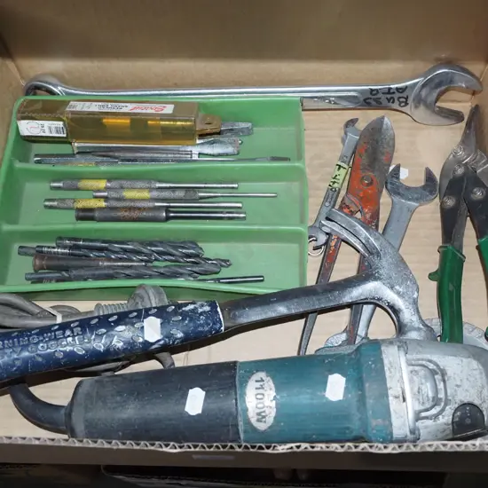 box; hammer, angle grinder, tin snips etc