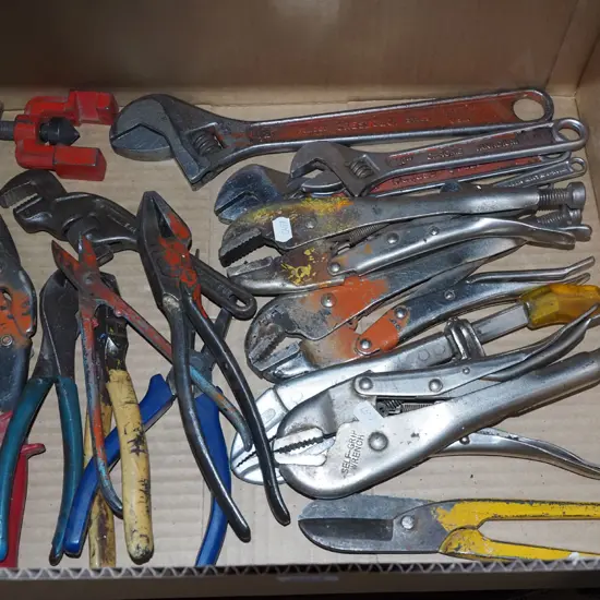 box; vice grips, pliers, crescents etc