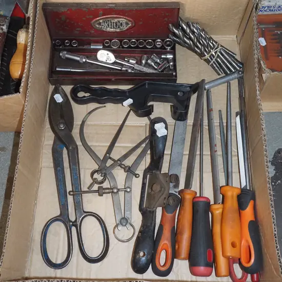 box; tin snips, files, socket set etc