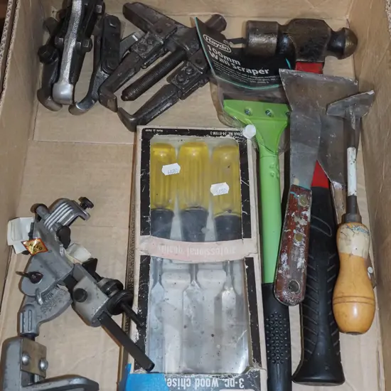 box; ball peen hammers, gear pullers, chainsaw sharpener etc