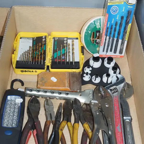 box; drill bits, crescents, cutting pliers etc