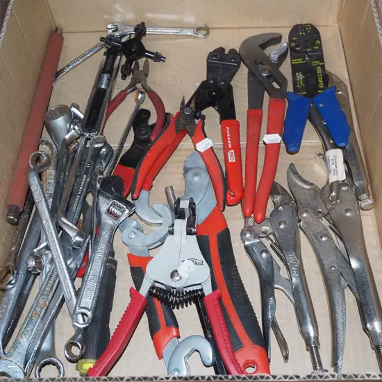 box; vice grips, open end ring spanners, wire strippers etc