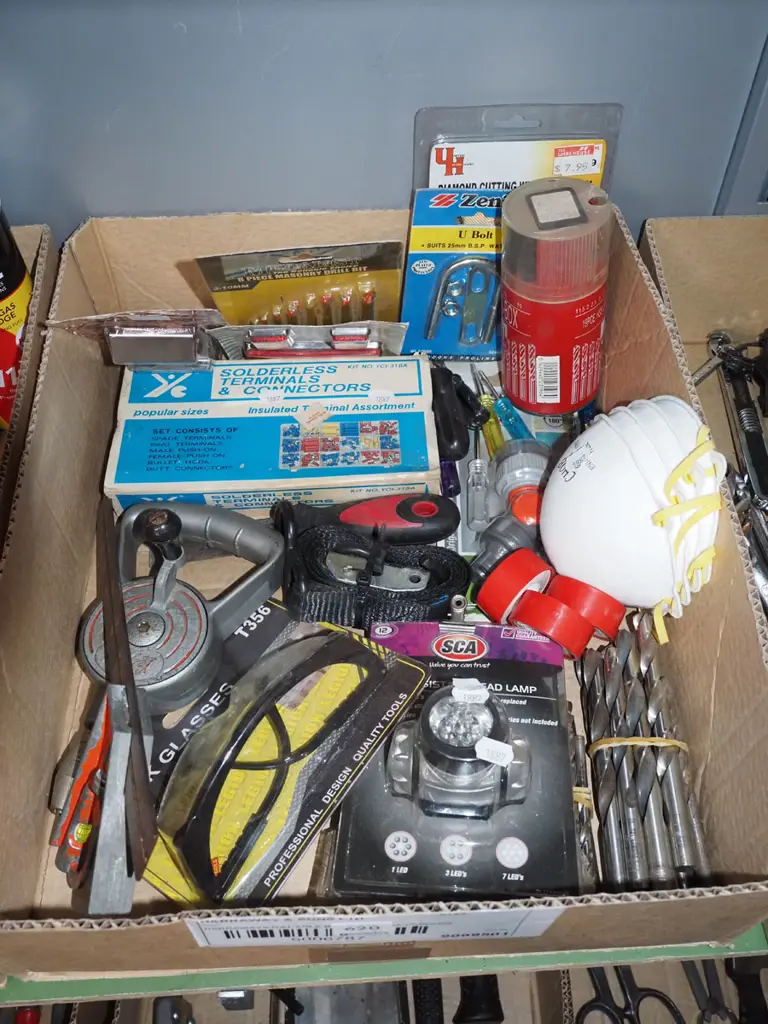box; dust masks, safety goggles, drill bits etc Image 1++