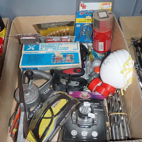 box; dust masks, safety goggles, drill bits etc