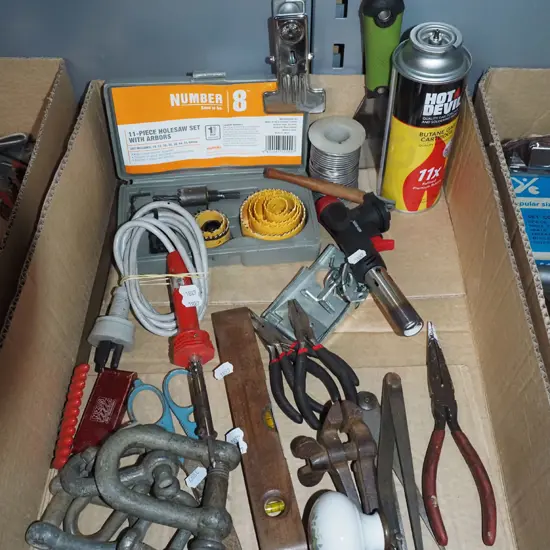 box; soldering irons, D shackle etc