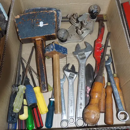 box; wooden mallets, crescents, plunge planes etc